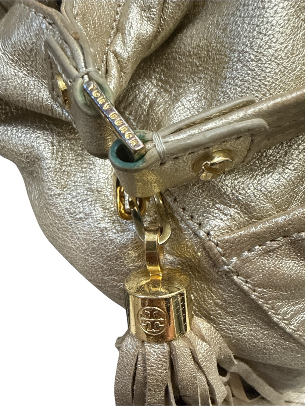 Tory Burch Metallic Gold Leather Shoulder Hobo with Tassel and Mirror Charm - Picture 4 of 8